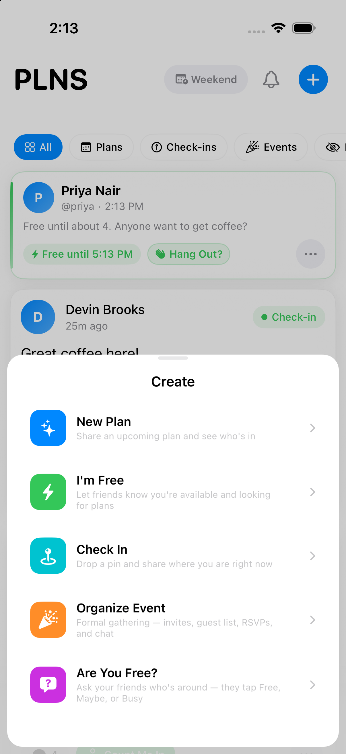 The PLNS Create sheet listing five ways to post: New Plan, I'm Free, Check In, Organize Event, and Are You Free?, each with a one-line description.